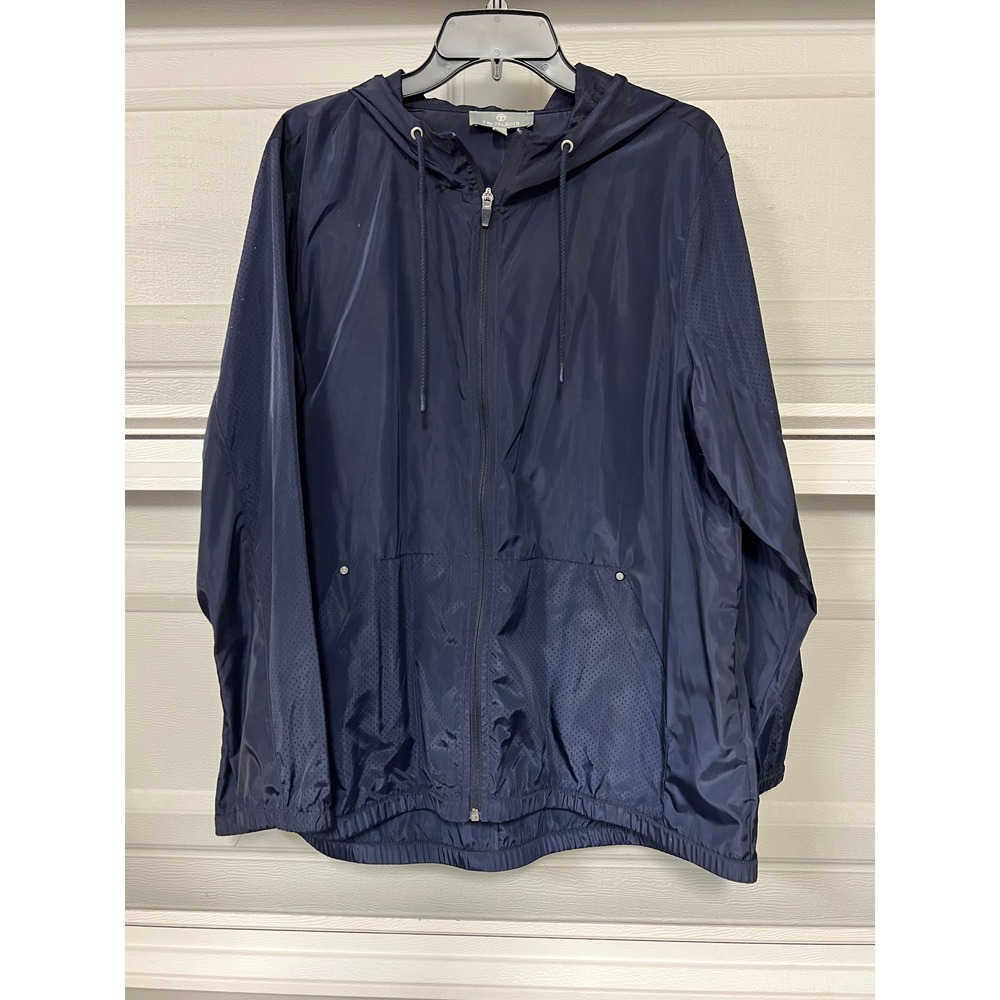 T by Talbots Navy Blue Mesh Panel Hooded Windbreaker Jacket Womens XL Full Zip